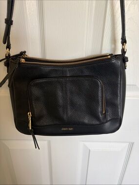 Calvin Klein Black Pebbled Leather Crossbody with Gold Accents
